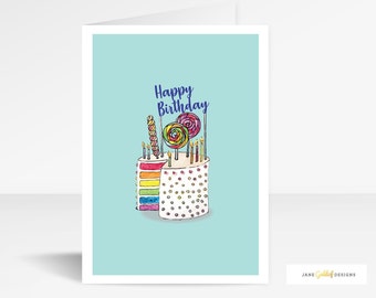 Rainbow Birthday Cake Greeting Card, Sparkly Birthday Card, Happy Birthday, Generic Birthday Card