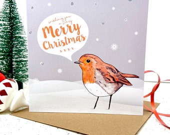 Robin Says Merry Christmas, Robin Holiday Card, Robin Christmas Card, Cute Holiday Card, Robin Redbreast, Watercolor Xmas Card, Bird Card