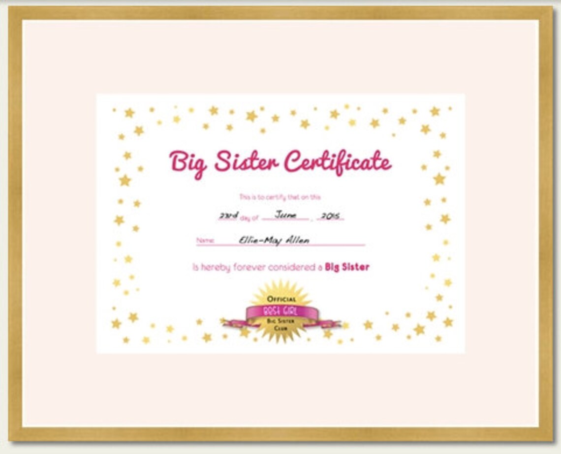 Big Sister Certificate Cirtificate For Older Sibling Older | Etsy