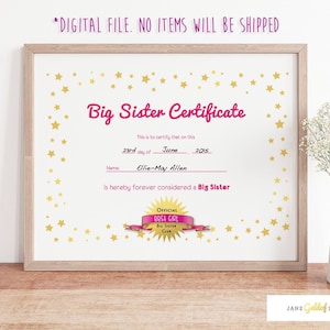 Big Sister Certificate, Cirtificate For Older Sibling, Older Sibling Gift, Big Sister Gift, New Baby Gift For Big Sis, Big Sis Cert