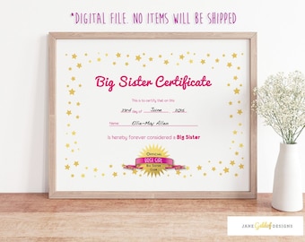 Big Sister Certificate, Cirtificate For Older Sibling, Older Sibling Gift, Big Sister Gift, New Baby Gift For Big Sis, Big Sis Cert