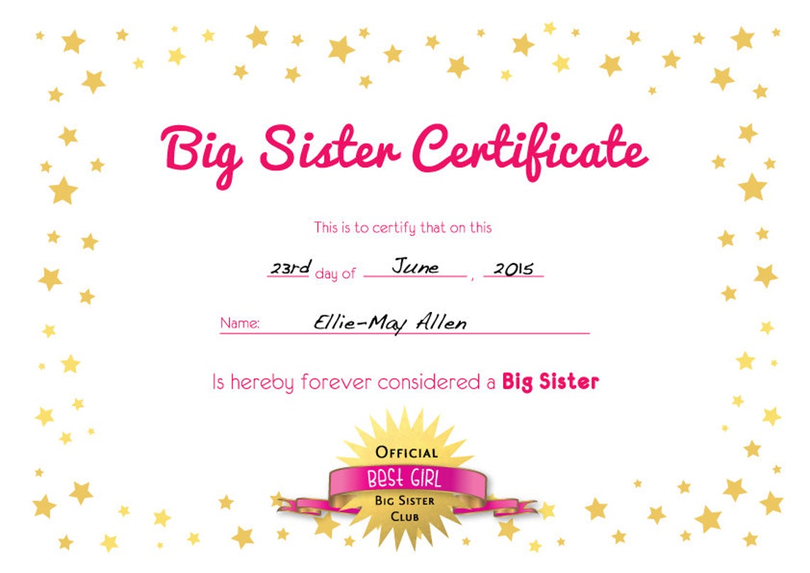 Big Sister Certificate Etsy