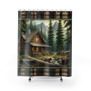 Rustikale Bärenkabine Duschvorhänge | Natur Badvorhang, Wildtier-Thema, Natur-Badezimmervorhang, Wildtier-Thema, Vintage-Stil