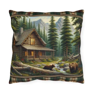 Cozy Outdoor Pillows for Cabin Decor, Rustic Patio Cushion, Nature-Themed Throw Pillow, Great for Camping or Home, Bear and Mountain Design