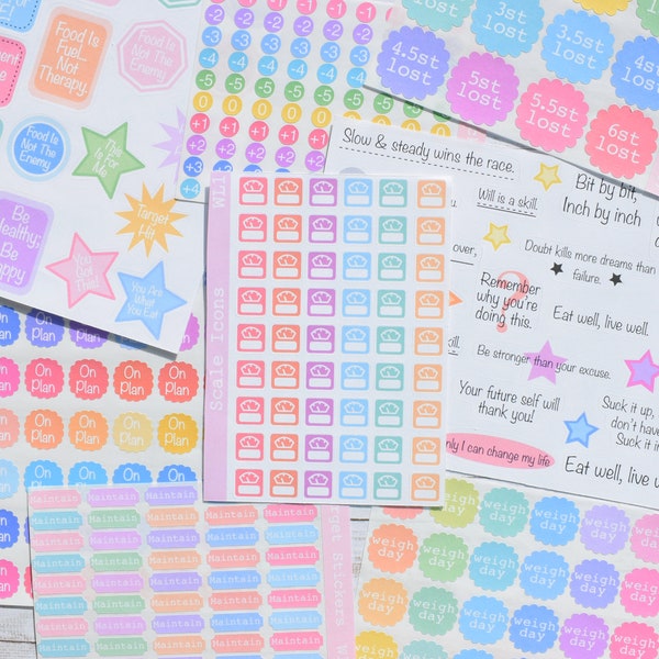 Weight Loss Stickers - Planner Diary Bullet Journal Scrapbooking Sticker Sheets For Slimming Diet Weight Management Tracking Goals Handmade