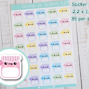 May include: A sheet of 35 colourful stickers featuring a cute cartoon jar with a lid and a tag. The stickers are 2.2 cm by 1.9 cm and are perfect for labelling jars for saving money.