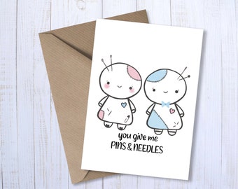 You Give Me Pins & Needles Dolls | A6 Greetings Card | Pin Cushion Pun | Valentine Love | Anniversary | Funny Humour | For Him | For Her