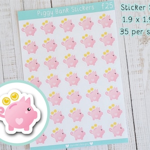 May include: Sheet of pink piggy bank stickers with gold coin accents. Each sticker is 1.9 x 1.9 cm and there are 35 stickers per sheet. The stickers have a heart on the side and the text "Piggy Bank Stickers" is at the top.
