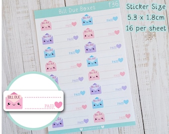 Bill Due Envelope Cute Planner Box Stickers -  Finance Planning , Money Tracking Matte Sticker Sheet , Blank Box Bill Stickers