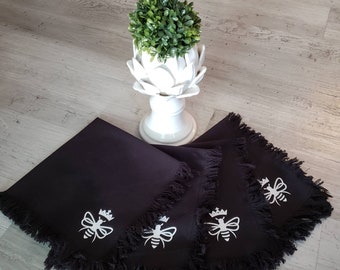 Cotton Napkins Cloth Table Black Napkins Shabby Chic French Country Bee Napkins French Country Queen Bee Table Decor Linens  Cloth Napkins