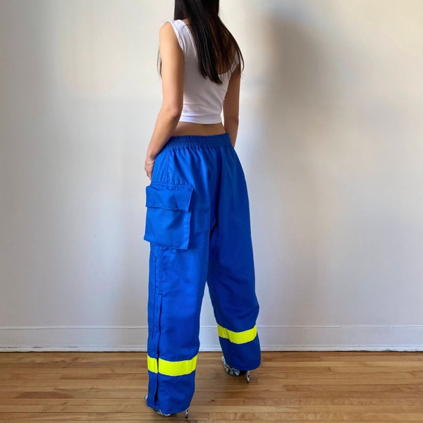 Vintage winter Cargo Cobalt Blue Pants utility fully lined warm pants yellow neon detail