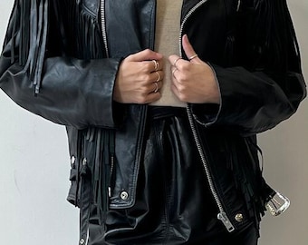 Vintage Black Fringe Leather Jacket Motorcycle Outerwear Genderless