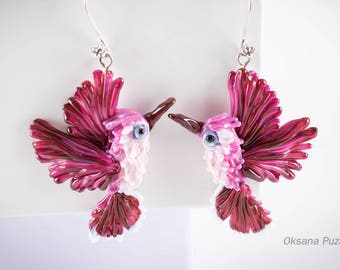Hummingbird Earrings, pink bird earrings, fucshia Lampwork beads, glass bird earrings, lampwork beaded hummingbird, colibri jewelry