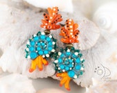 EARRINGS. Sea shell turqouise earrongs with corals. Lampwork handmade jewelry for beach party or wedding. Big long ear weights for women.