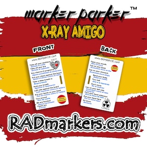 Pode incluir: Duas cartas brancas com instruções para um raio-x, com texto em inglês e espanhol. As cartas estão rotuladas como "FRONT" e "BACK" e apresentam o texto "X-RAY AMIGO" e "RADmarkers.com". O fundo é vermelho e amarelo.