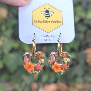 Autumn Earrings: Pressed Flower Heart Earrings, Fall Confetti Resin Hoops