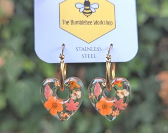 Autumn Earrings: Pressed Flower Heart Earrings, Fall Confetti Resin Hoops