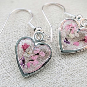 Real Flower Heart Earrings: Sterling Silver Dangle Drop Earrings