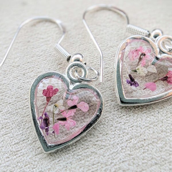 Real Flower Heart Earrings: Sterling Silver Dangle Drop Earrings