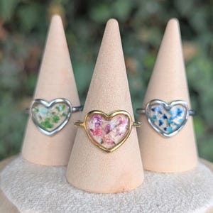 May include: Three heart-shaped rings featuring pressed flowers encased in clear resin. The center ring has a gold-toned band with pink and purple flowers, while the two outer rings have silver-toned bands containing green and blue flowers.