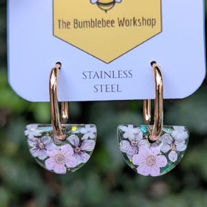 Unique Pressed Flower Earrings: Semi circle Resin Real Flower Hoops