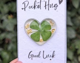 Good luck Pocket Hug: Resin Real Four Leaf Clover Heart with Plantable Seeded Card