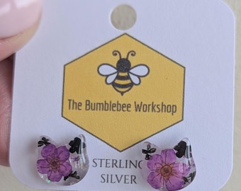 Pressed Flower Halloween Cat Earrings: Purple Cat Sterling Silver Studs, Resin Jewellery