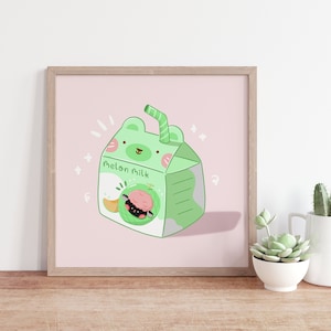 Strawberry Milk Kawaii Art Print, Kawaii Strawberry Milk Art Home Decor, 5*5 Kitchen Wall Art, Food Art Decor, Banana Milk Art Print