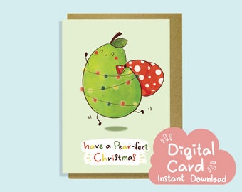 Funny Printable Christmas Card, Cute Digital Holiday Card With Pear Illustration, Instant Download Christmas Card