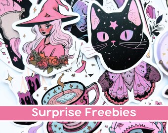 Pink Gothic Witch Vinyl Sticker Bundle, Halloween Decal Sticker Pack, Magic Themed Black Cat Stickers, Mystic Decal, Magic Potion, Evil Eye
