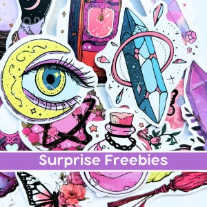 May include: A collection of colorful stickers with mystical and celestial themes. Designs include a crescent moon with an eye, crystals, potion bottles, and a butterfly. The text "Surprise Freebies" is displayed on a purple banner.