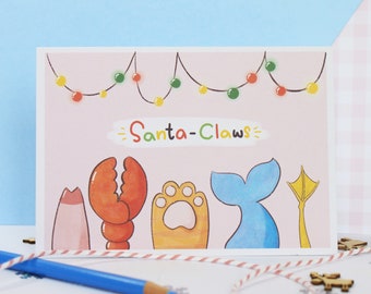 Funny Santa-Claws Christmas Card , Adorable Handmade Christmas Card With Animal Illustration, Card With Recycled Envelope, 100% Eco-Friendly