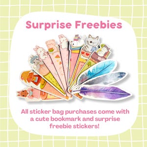 May include: A collection of colorful bookmarks featuring various animal illustrations, including rabbits, cats, and a bear. The bookmarks are arranged in a fan shape, with feather-shaped stickers. The text "Surprise Freebies" is displayed at the top.