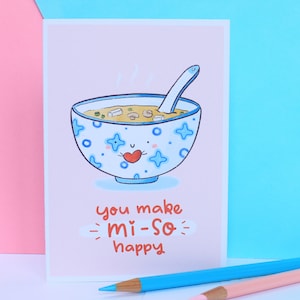 Funny Love Card For Him , Adorable Handmade Valentine's Card With Miso Soup Illustration, Card from Recycled Paper, Plastic Free Packaging image 1