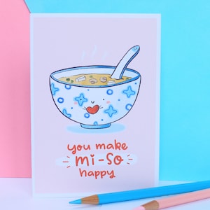 Grappige liefdeskaart voor hem, schattige handgemaakte Valentijnsdagkaart met illustratie van misosoep, kaart van gerecycled papier, plasticvrije verpakking