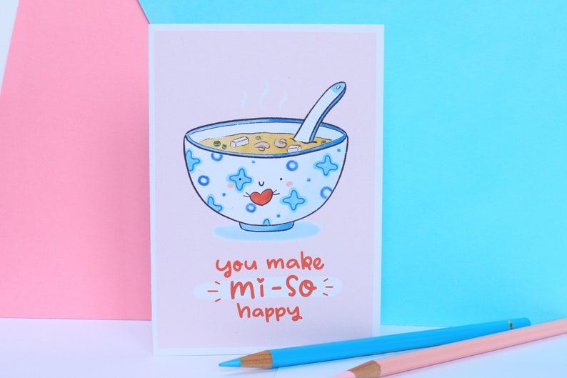 Funny Love Card For Him , Adorable Handmade Valentine's Card With Miso Soup Illustration, Card from Recycled Paper, Plastic Free Packaging image 1