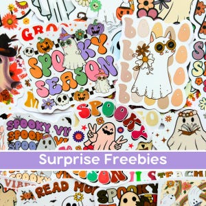 May include: A collection of colorful Halloween-themed stickers. Designs include ghosts, pumpkins, flowers, and the phrases "Spooky Season" and "Spooky Vibes." The text "Surprise Freebies" is also visible. Perfect for decorating laptops, water bottles, or scrapbooks.