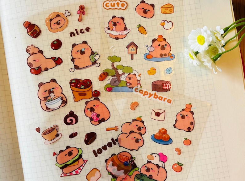 Pu&ograve; includere: Un foglio di adesivi trasparenti con capibara dei cartoni animati in varie pose e attivit&agrave;. Gli adesivi includono frasi come "cute", "nice", "capybara" e "lovely".