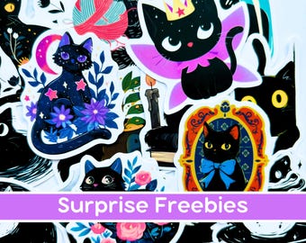 Kawaii Black Cat Vinyl Sticker Pack, Cute Cat Kindle Decal, Black Cat Gift, Cat Lover Junk Journal Sticker Bundle, Caroon Cat Sticker