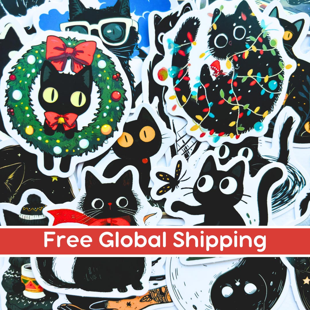 Kawaii Black Cat Vinyl Sticker Pack, Cute Cat Kindle Decal, Black Cat ...