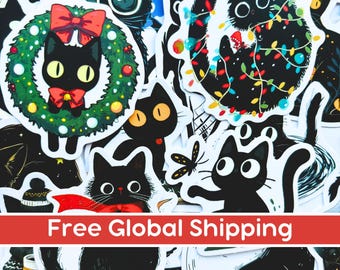 Kawaii Black Cat Vinyl Sticker Pack, Cute Cat Kindle Decal, Black Cat Gift, Cat Lover Junk Journal Sticker Bundle, Caroon Cat Sticker
