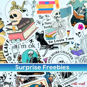 May include: A collection of colorful stickers featuring skeletons reading books, with phrases like "Death by TBR", "So Little Time", and "I'm ok!" The stickers are perfect for adding a touch of whimsy and humor to your planner, laptop, or water bottle.