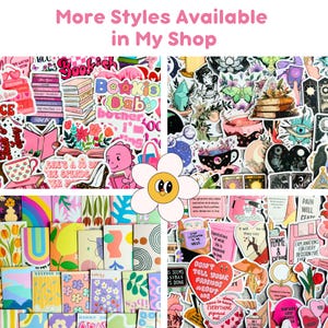 May include: A collage of colorful stickers with various designs, including books, flowers, and inspirational quotes. The stickers feature a retro aesthetic with a daisy graphic and the text "More Styles Available in My Shop."