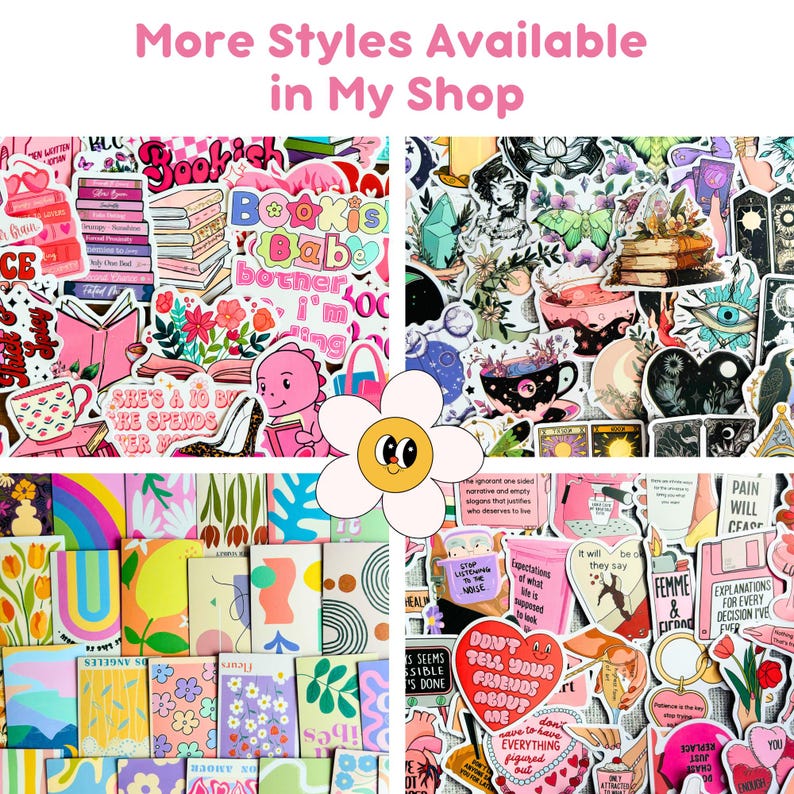 May include: A collage of colorful stickers with various designs, including books, flowers, and inspirational quotes. The stickers feature a retro aesthetic with a daisy graphic and the text "More Styles Available in My Shop."