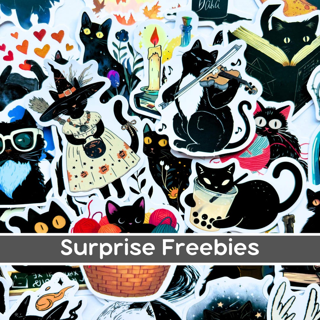 Witch Black Cat Vinyl Sticker Bundle, Black Cat Lover Gift, Cute Cat ...