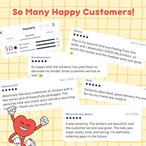 May include: Image featuring customer reviews with a 5-star rating for Planet612. The reviews highlight item quality, shipping, and customer service. The text "So Many Happy Customers!" is displayed at the top, along with a cartoon heart character.