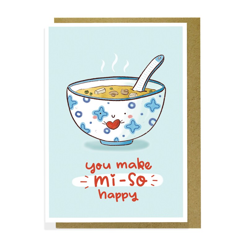 Funny Love Card For Him , Adorable Handmade Valentine's Card With Miso Soup Illustration, Card from Recycled Paper, Plastic Free Packaging Azul