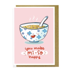 Funny Love Card For Him , Adorable Handmade Valentine's Card With Miso Soup Illustration, Card from Recycled Paper, Plastic Free Packaging Pink