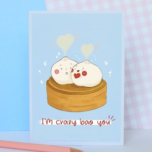 Je suis fou de vous, Adorable carte de Saint-Valentin avec illustration Bao, carte de boulette, carte en papier recyclé, emballage sans plastique