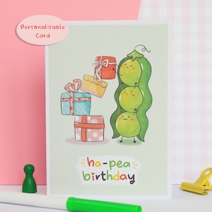 Ha-Pea Geburtstagskarte, Kawaii Personalisierbare Erbse Geburtstagskarte, Geburtstagskarte für Mama, Geburtstagskarte für Papa, Öko-Geburtstagskarte